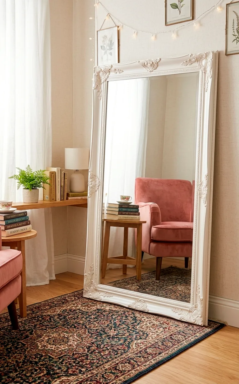 Large pearl-framed floor mirror reflecting a pink armchair in a reading nook.