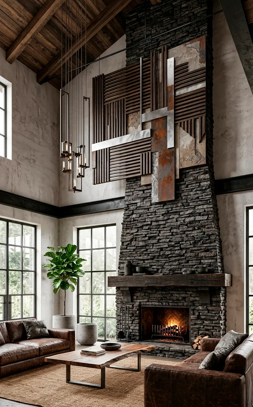 Oversized 3D mixed media abstract art on a large floor-to-ceiling fireplace.