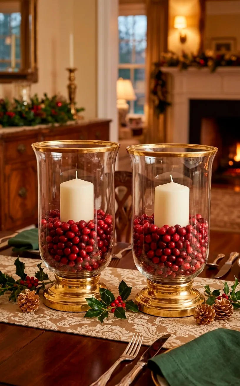 Gold-rimmed hurricane vases with cranberries and white candles.