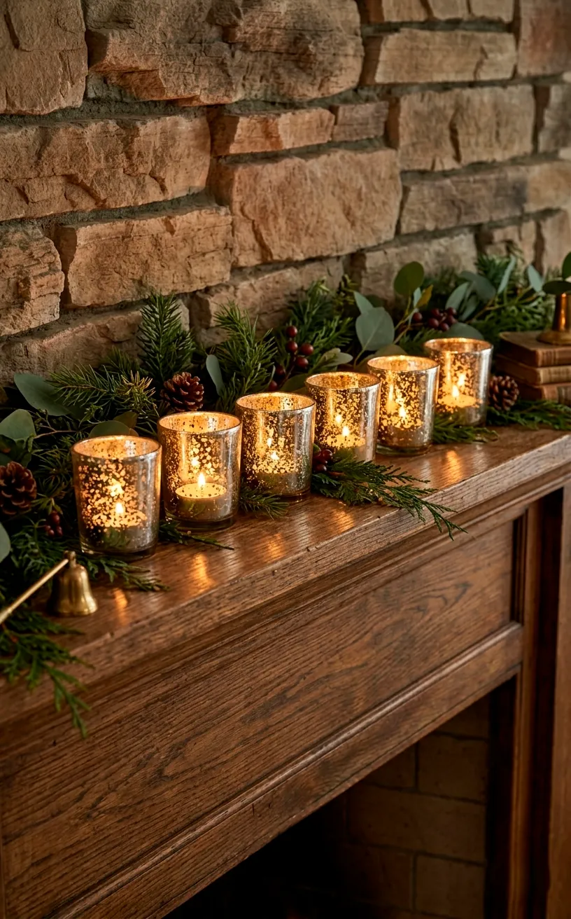 A row of glowing mercury glass votives on a fireplace mantel.