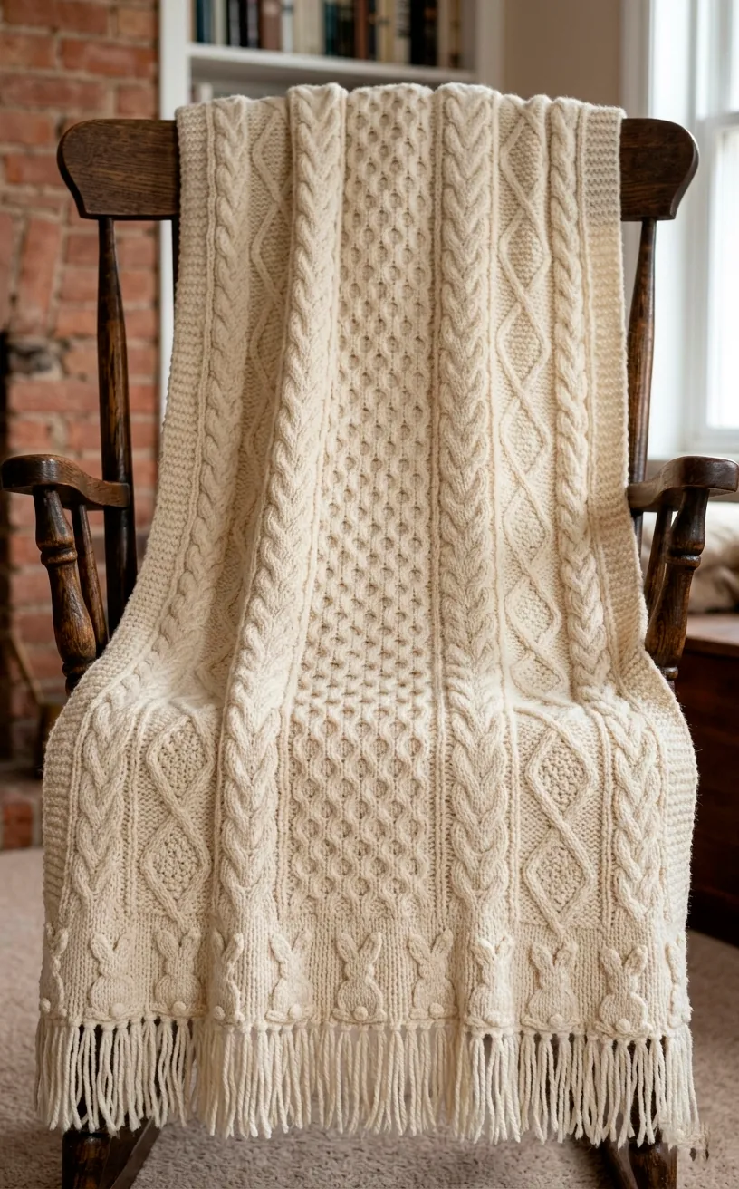 Cream cable-knit throw blanket with knitted rabbit motifs on the edge.
