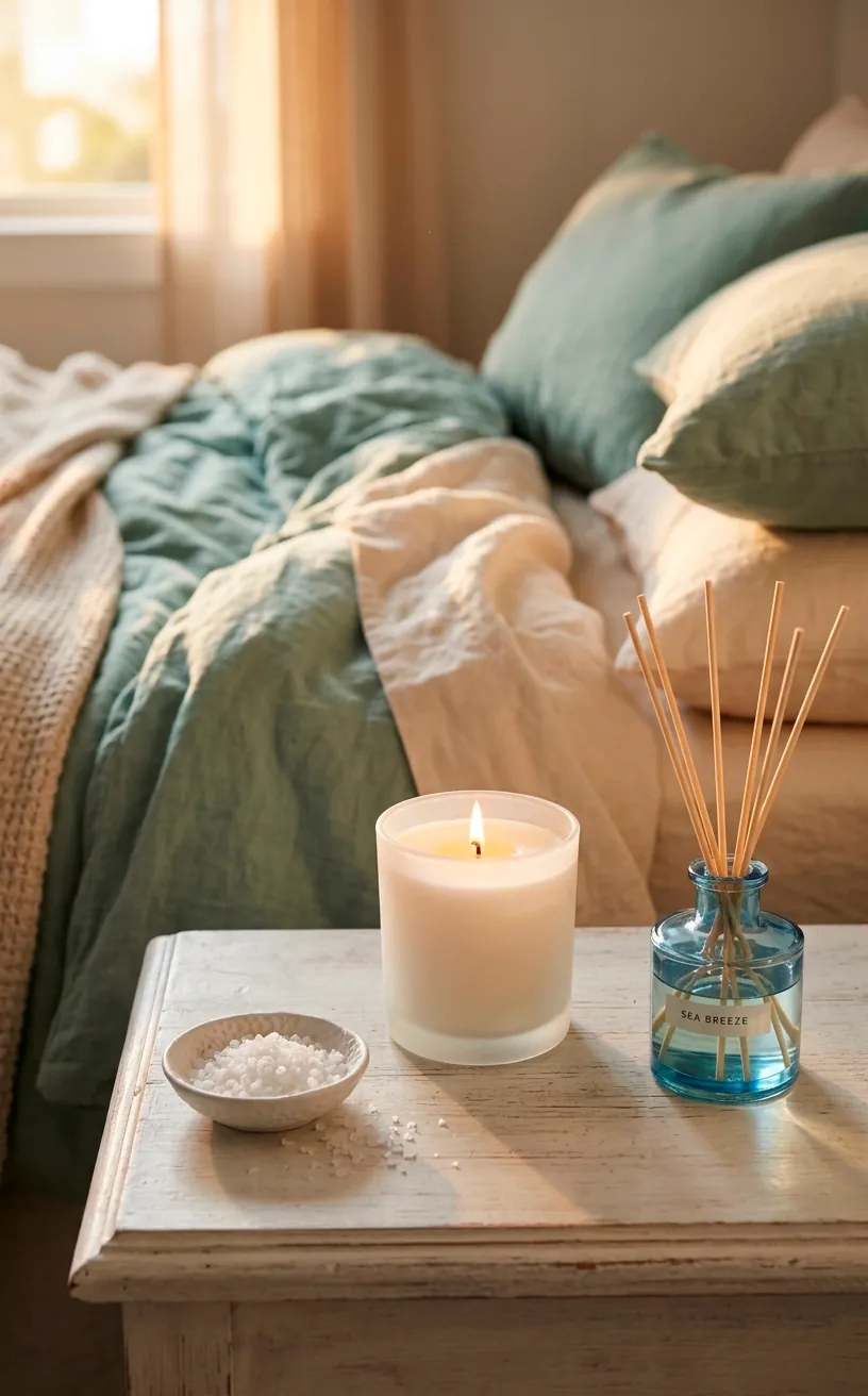 Coastal scented candle and reed diffuser on a bedside table.