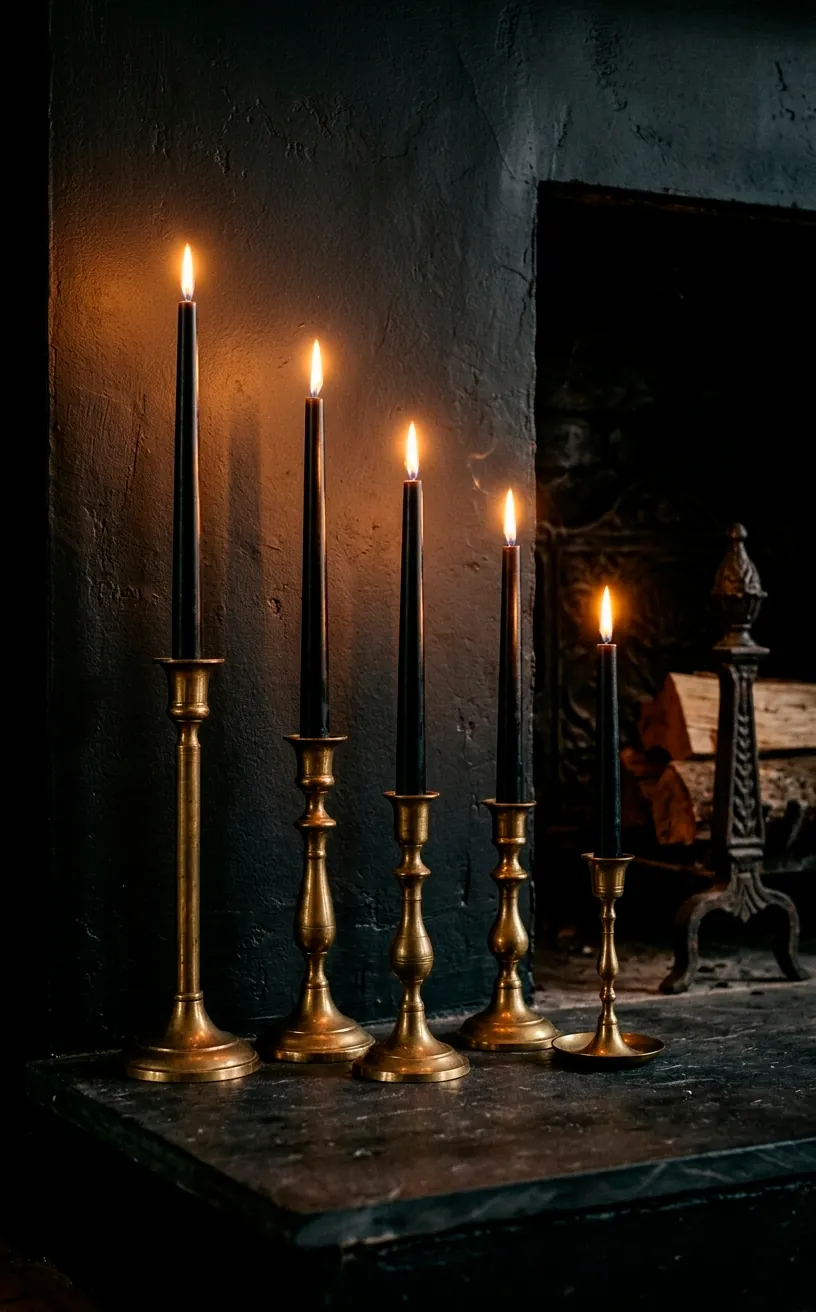 Brass taper candle holders with lit black candles on a dark living room mantel.