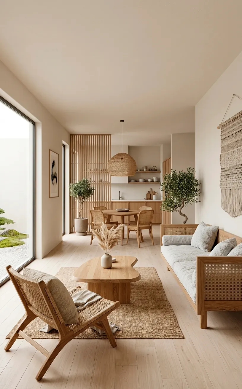 Open-plan Japandi home with School House White walls and oak furniture.