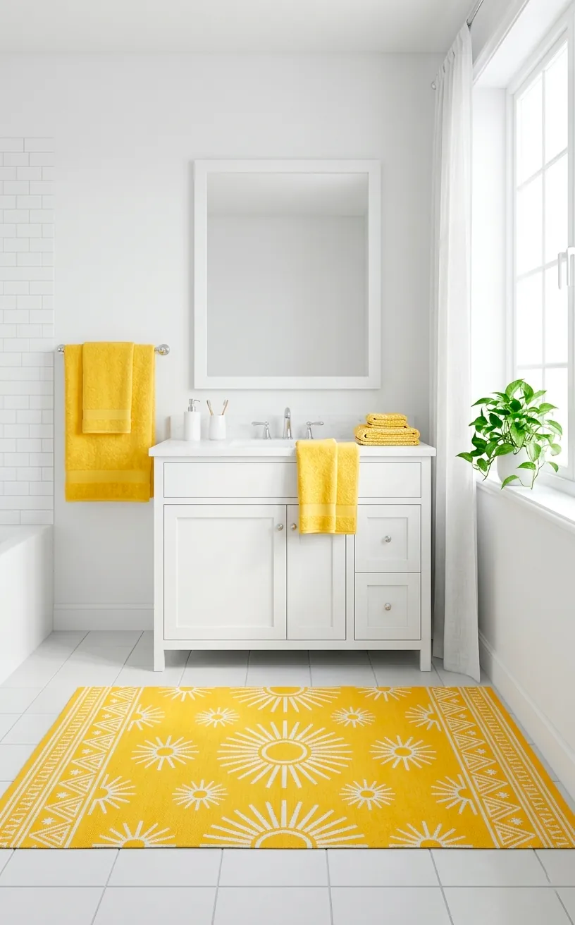 Bright yellow kilim rug with sunburst patterns in a cheerful white bathroom.