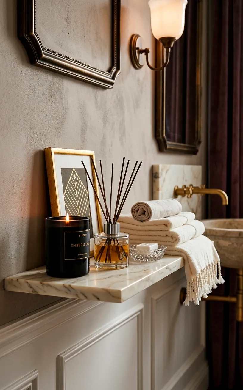 Luxury bathroom accessories including Turkish towels and a designer candle on a marble shelf.