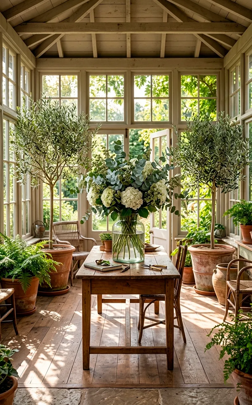 Sunlit farmhouse sunroom filled with greenery and white flowers.