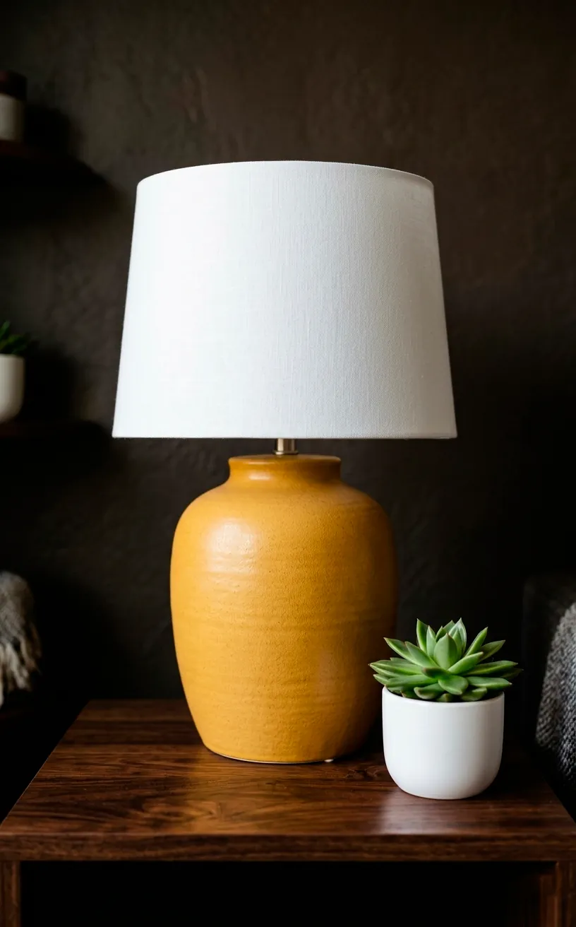 Mustard yellow ceramic table lamp with a white shade on a wooden side table.