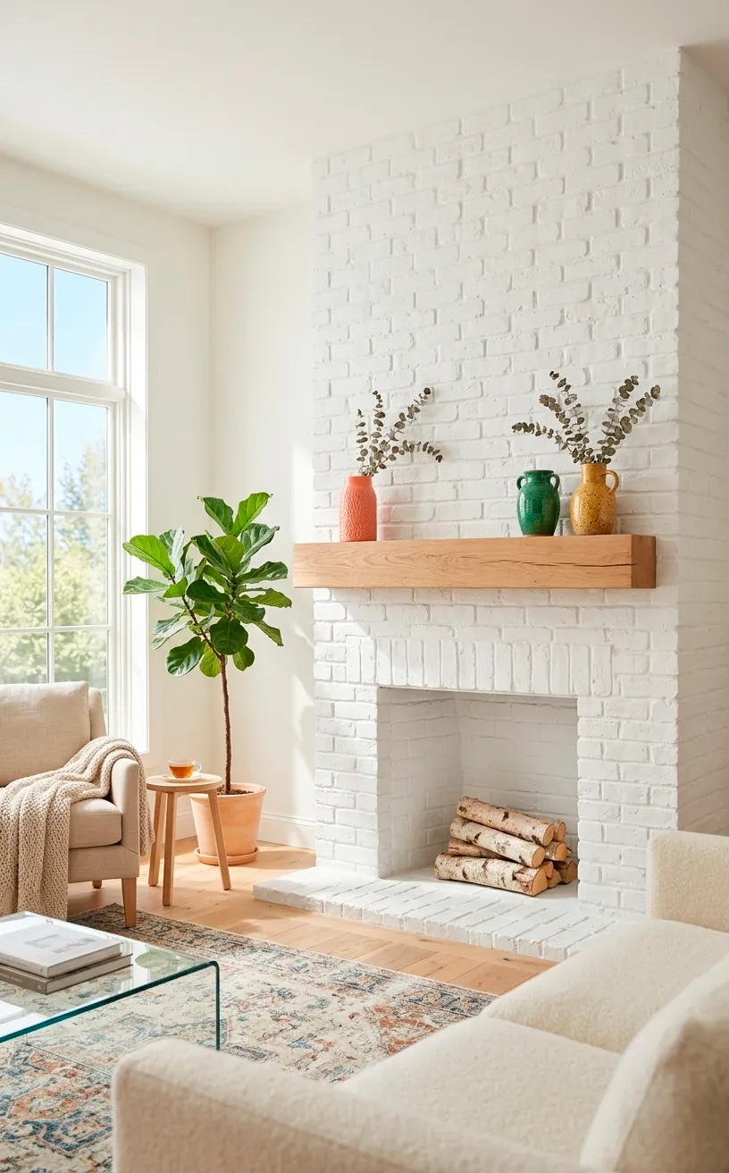 Fireplace with white-painted brick and a natural wood mantel in a bright room.