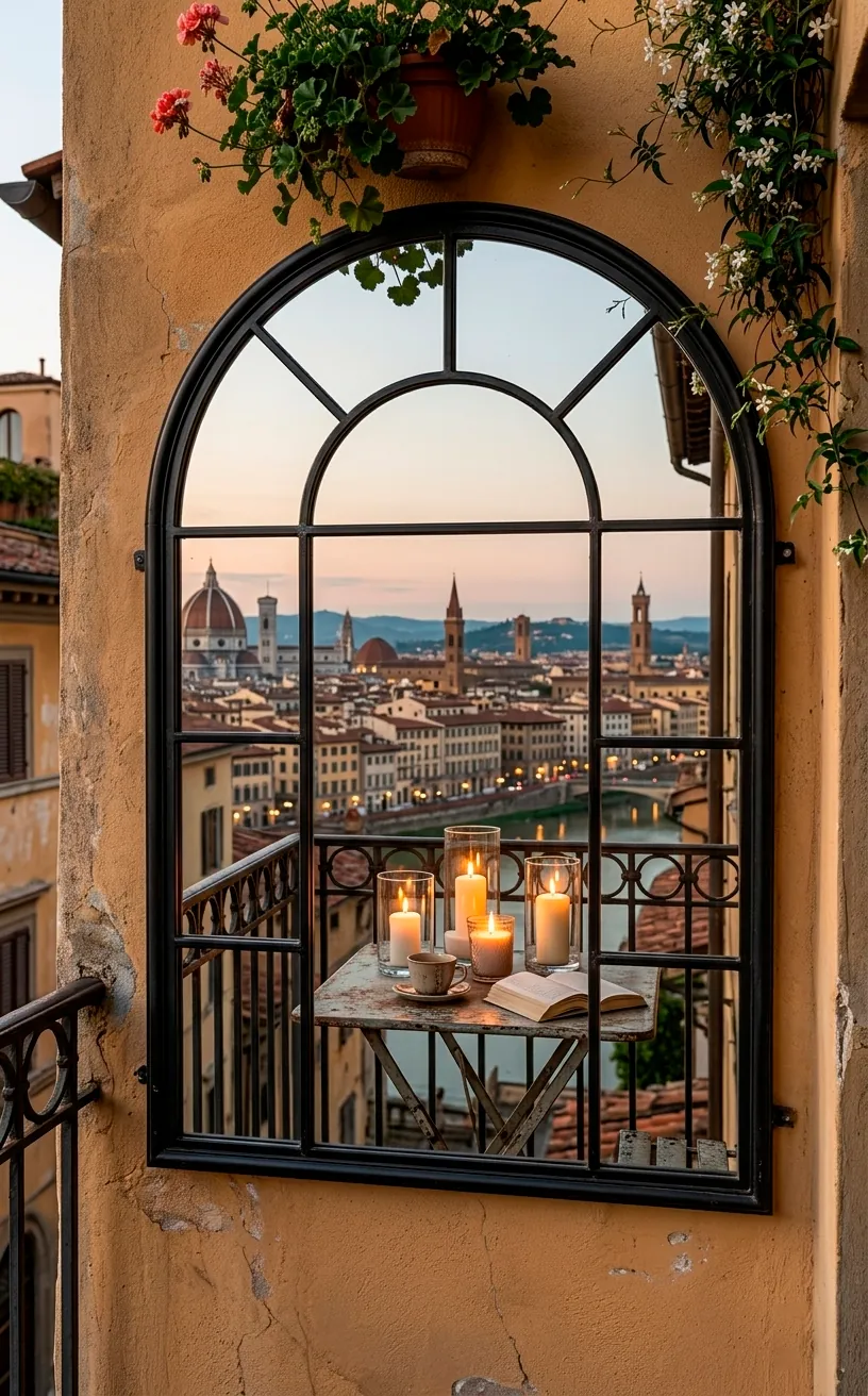 An arched windowpane mirror on a balcony wall reflecting a romantic dinner setting.