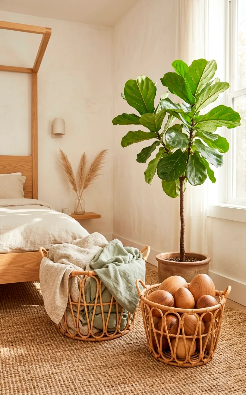 Woven rattan baskets with linen throws and wooden eggs in a bright Japandi bedroom corner.
