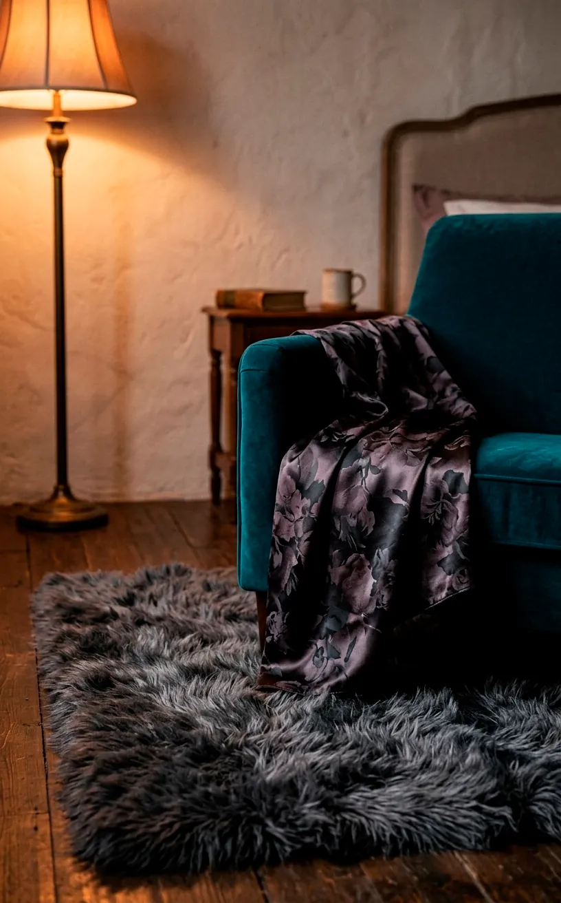 Charcoal faux fur rug and floral silk throw blanket in a cozy bedroom corner.