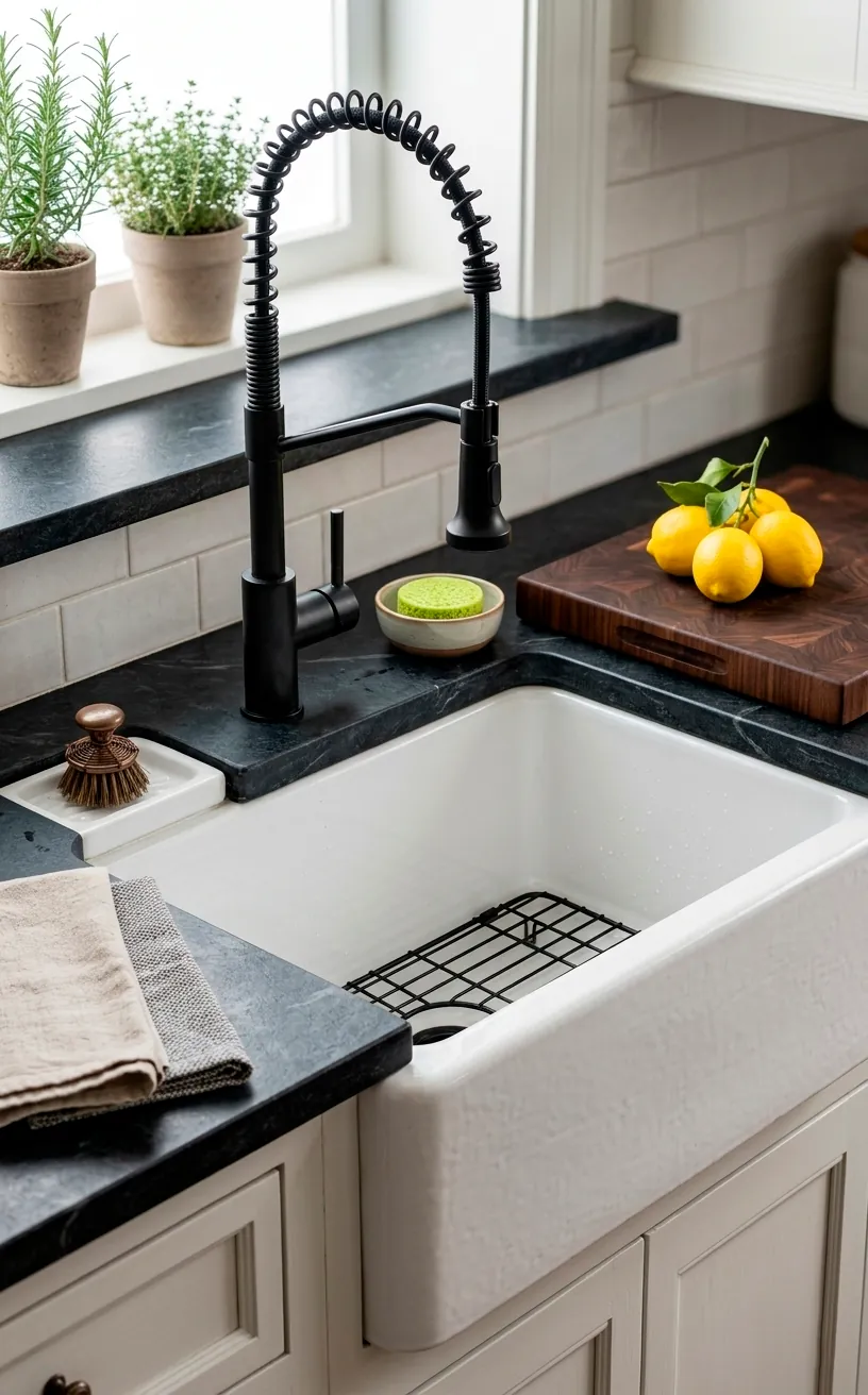 Matte black gooseneck industrial faucet on a white farmhouse sink.
