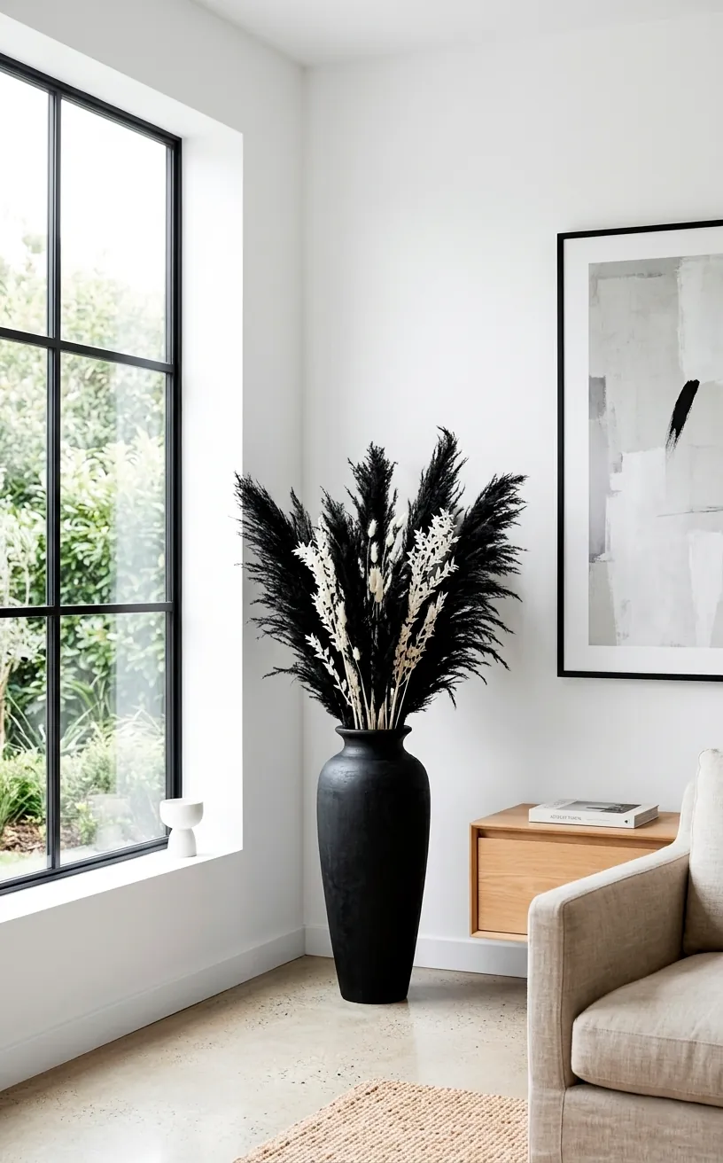 Tall black vase with dried black pampas grass and white stems in a minimalist room