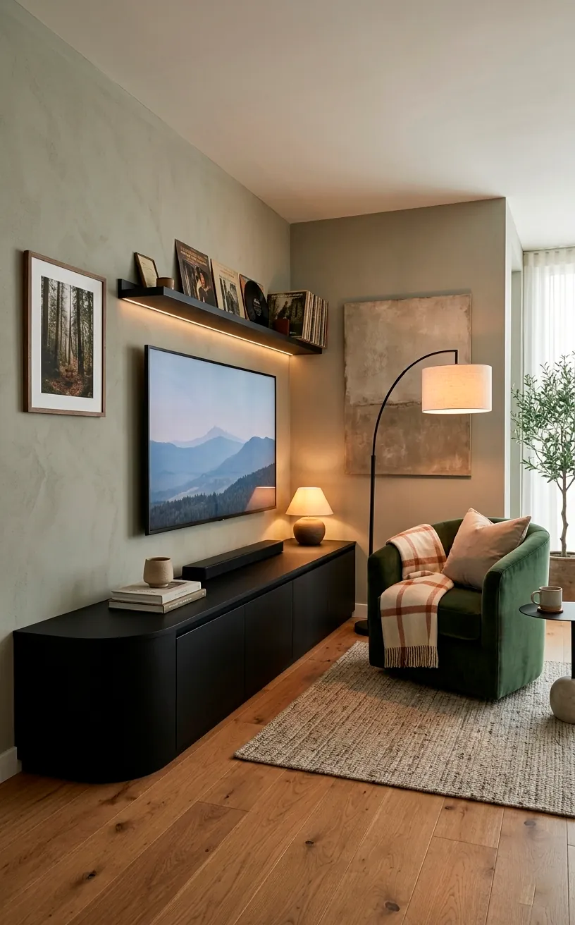 Custom matte black corner TV wall unit in a modern living room.