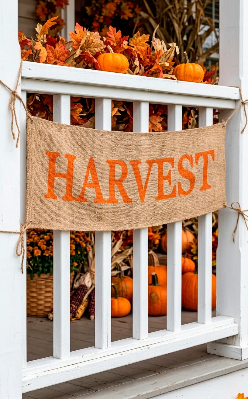 Harvest burlap banner with orange letters on a porch railing.