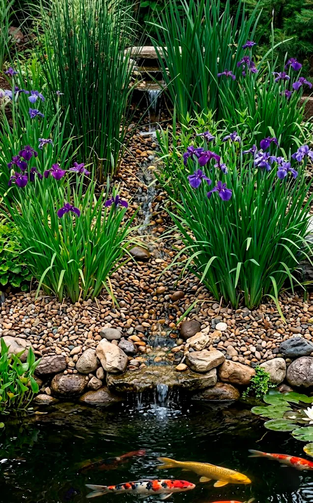 Natural bog filter system with plants and gravel cleaning the water for a koi pond.