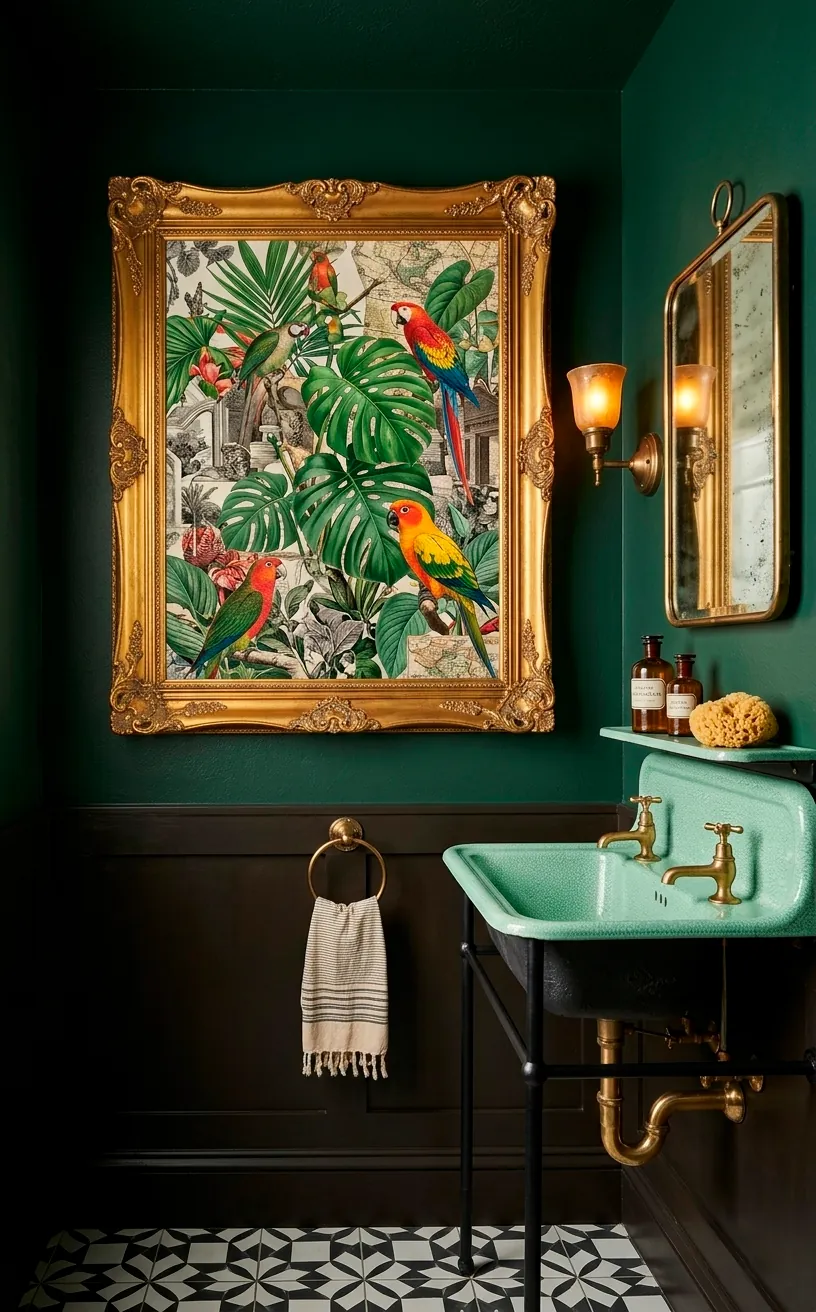 Surreal jungle collage art in a hunter green powder room.