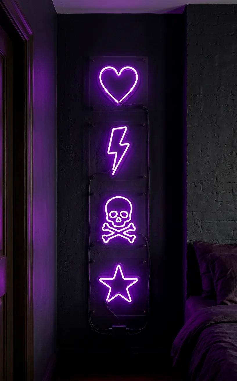 Vertical stack of four small purple neon signs on a narrow bedroom wall.