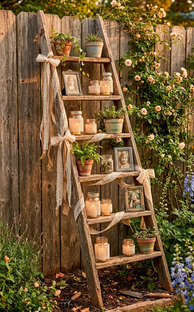 Vintage wooden ladder decorated with lace, plants, and photos for a backyard wedding.