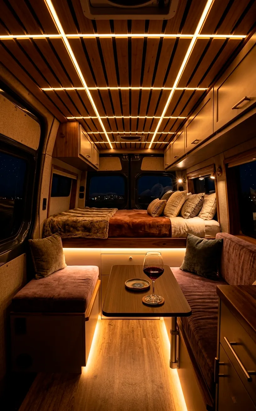 Layered LED lighting in a van creating a warm, expensive evening atmosphere.