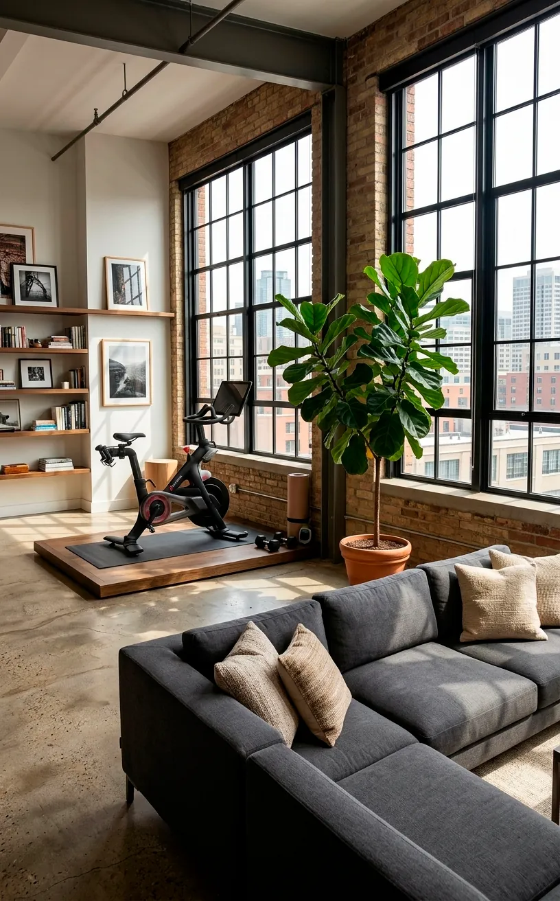 Modern loft with integrated fitness area and charcoal sectional sofa under natural sunlight.