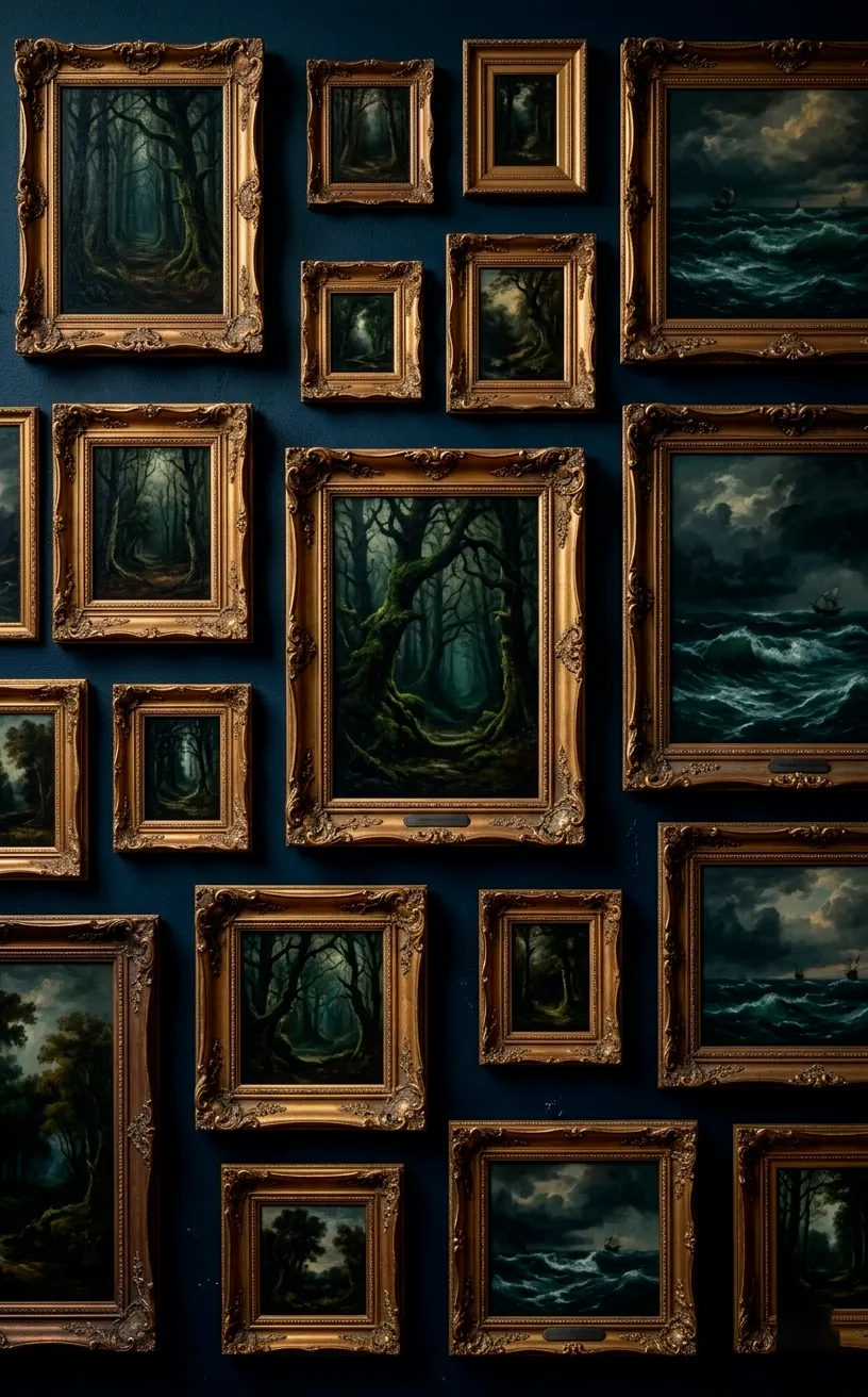 Gallery wall of ornate gilded frames with dark moody oil paintings on a navy wall.