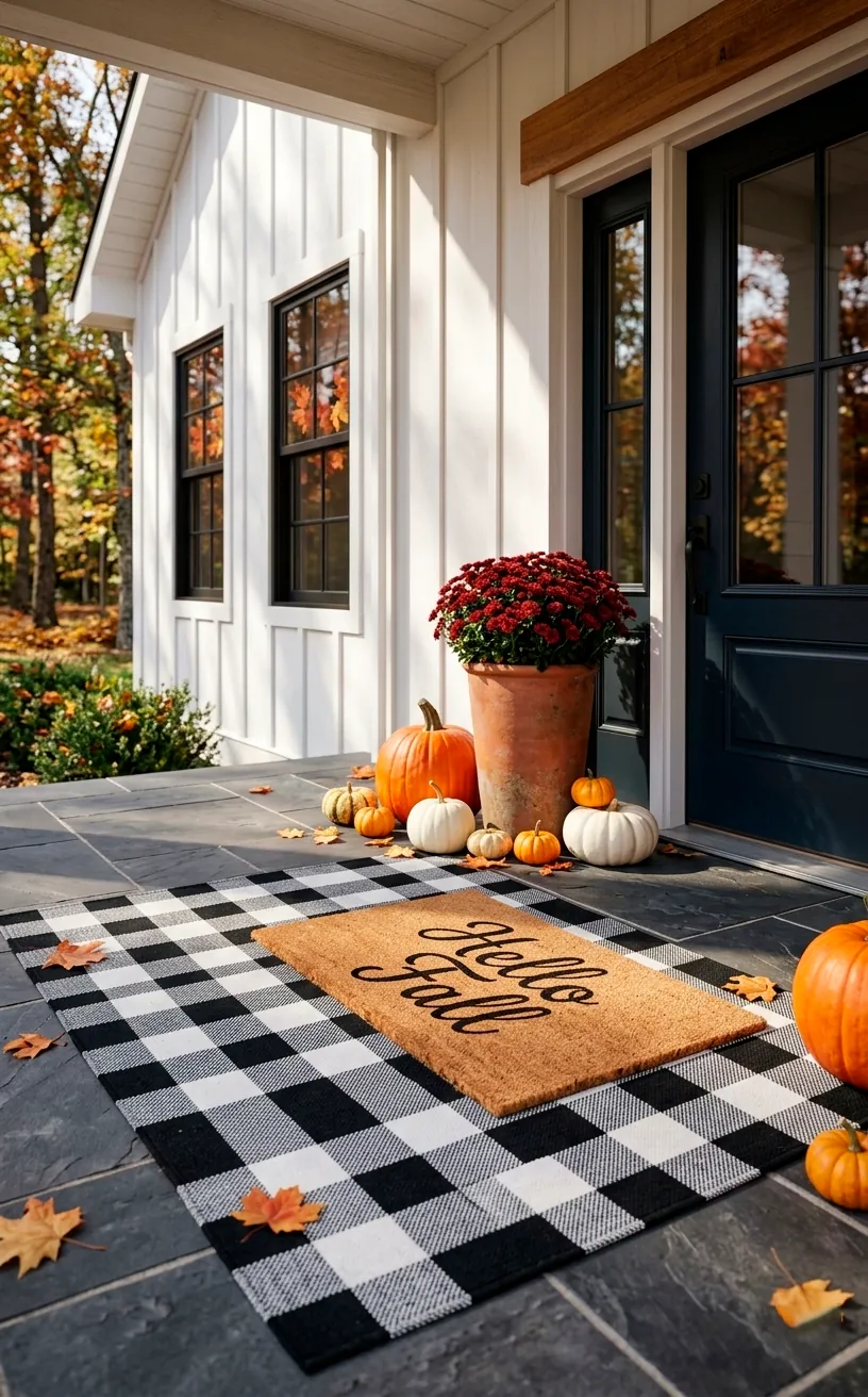 Layered buffalo plaid and coir doormat on an autumn porch with pumpkins and red mums.
