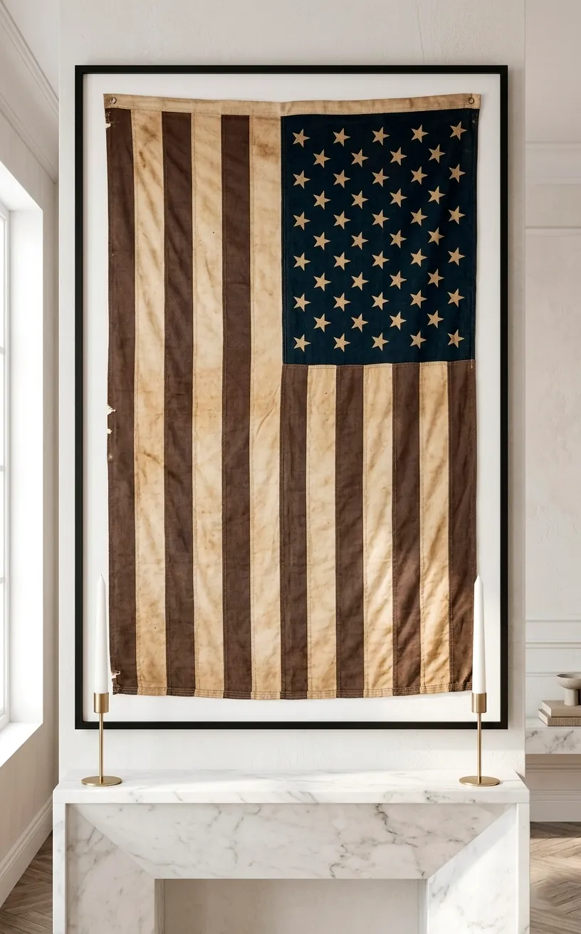 Vintage American flag in a modern black frame above a white fireplace.
