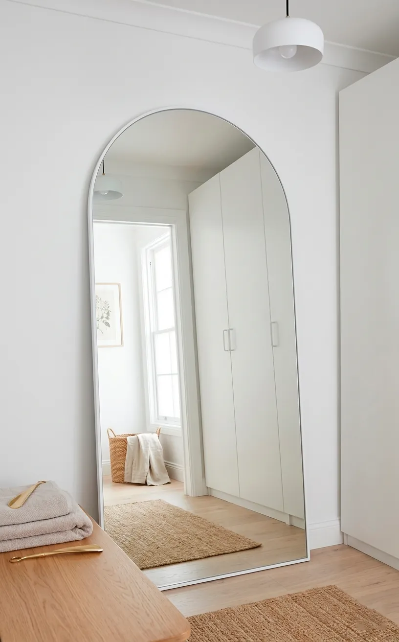 Large arched floor mirror in a small white dressing room reflecting bright natural light.