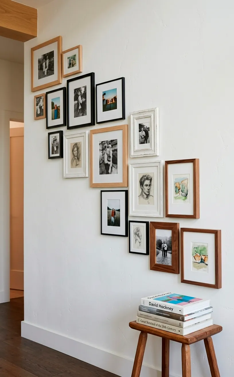 Cascading wave gallery wall layout with frames flowing diagonally down a hallway wall.