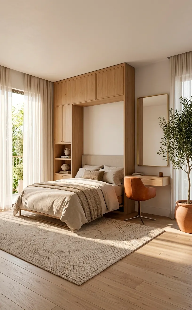 Vertical shot of a modern white oak Murphy bed and a minimalist desk in a bright, stylish guest room.
