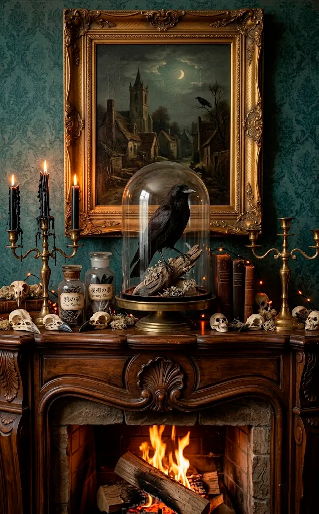 Gothic mantel decor with cloches, brass candlesticks, and vintage apothecary jars.
