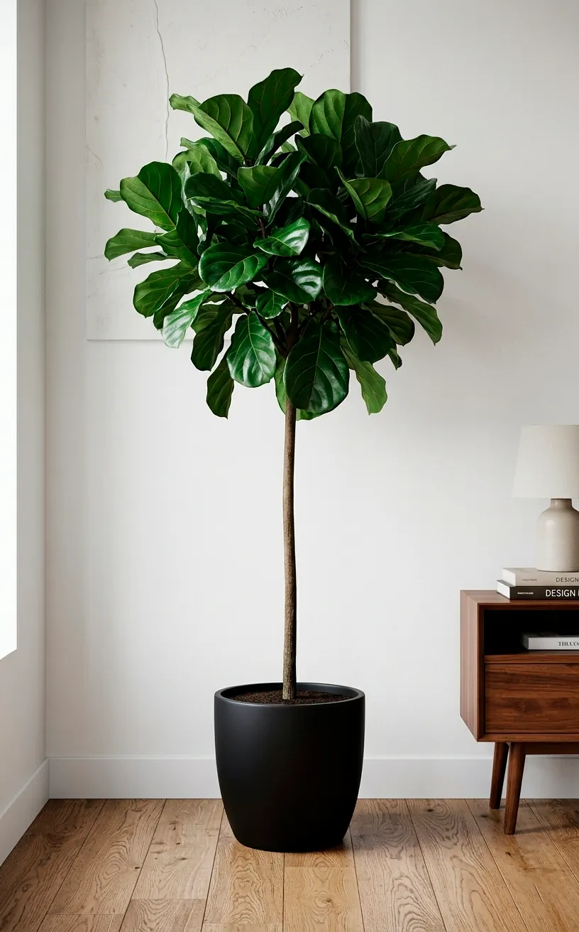 A tall standard Fiddle Leaf Fig tree with a single trunk and rounded canopy in a black pot.