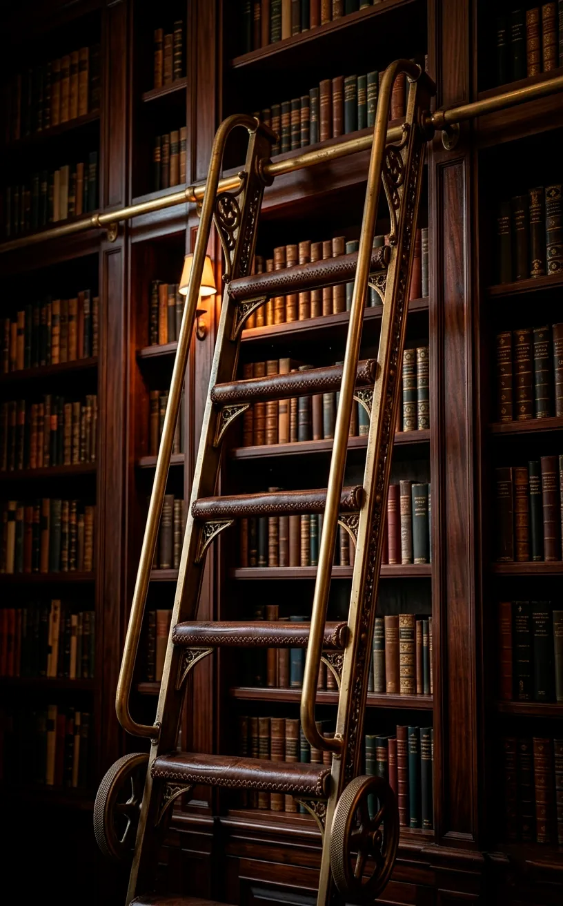 A vintage brass rolling ladder on dark wood library shelves.