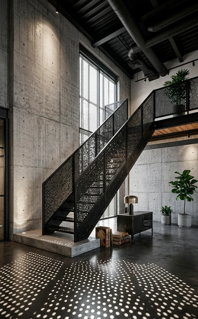 Vertical shot of a black perforated steel staircase in an industrial loft with concrete walls and light patterns.