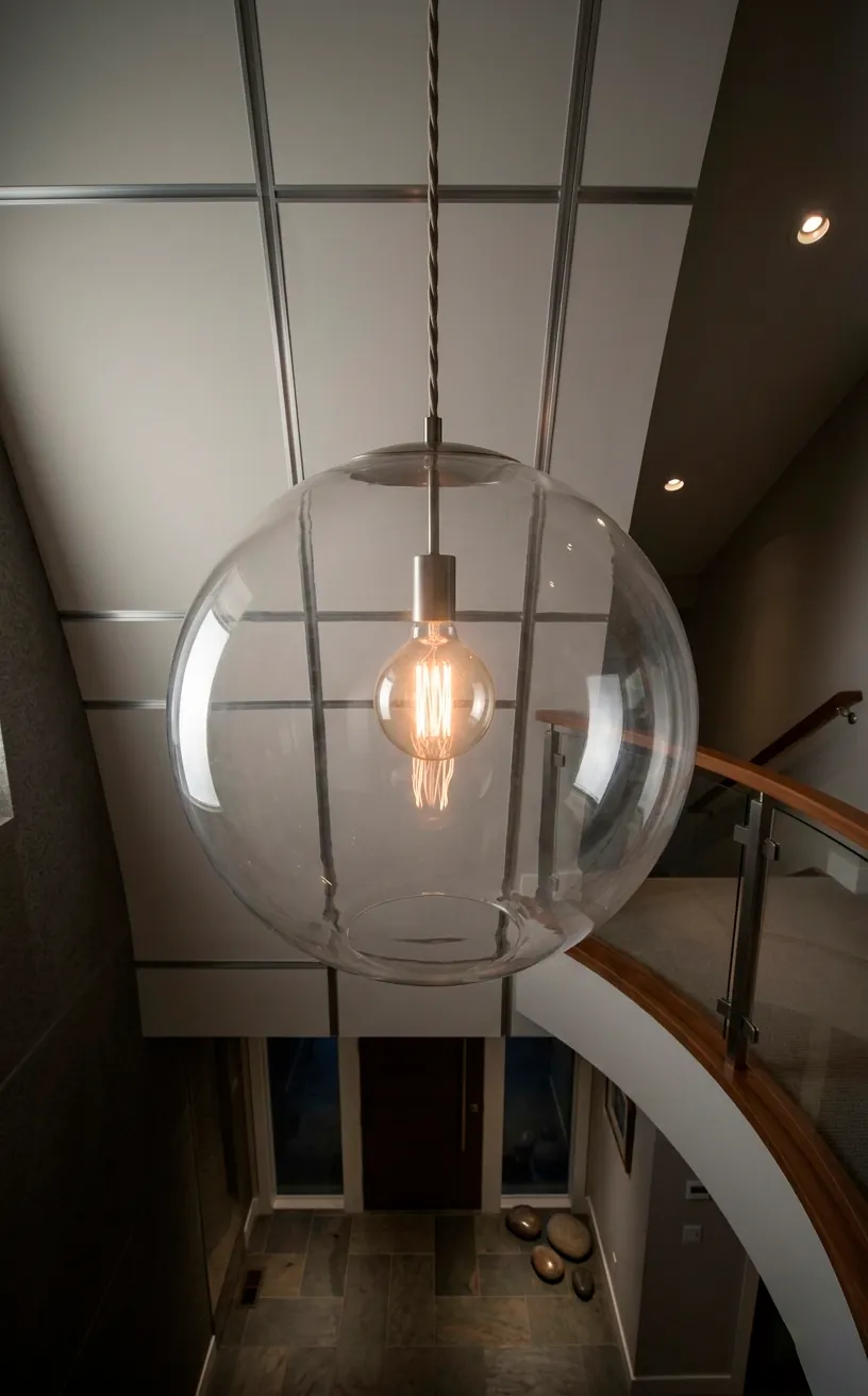 Large 20-inch oversized globe pendant light hanging in a high ceiling entryway.