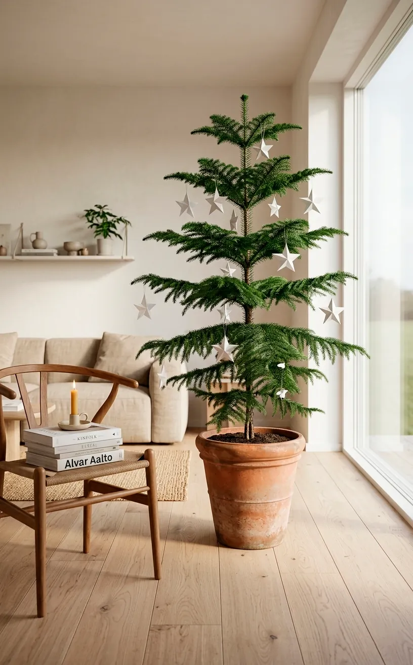 Potted Norfolk Island Pine tree decorated for Christmas in a Scandi room.