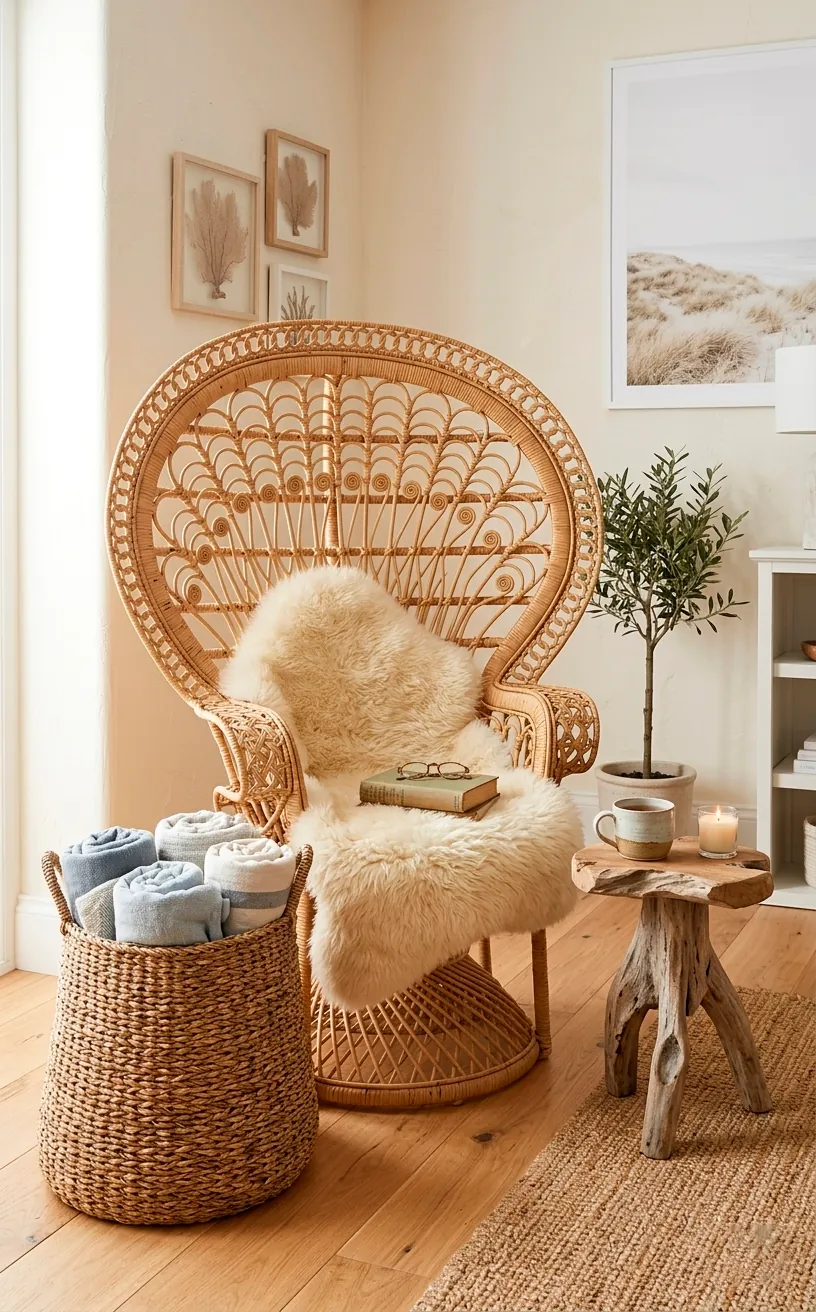 Coastal reading nook with a rattan chair and woven seagrass baskets.