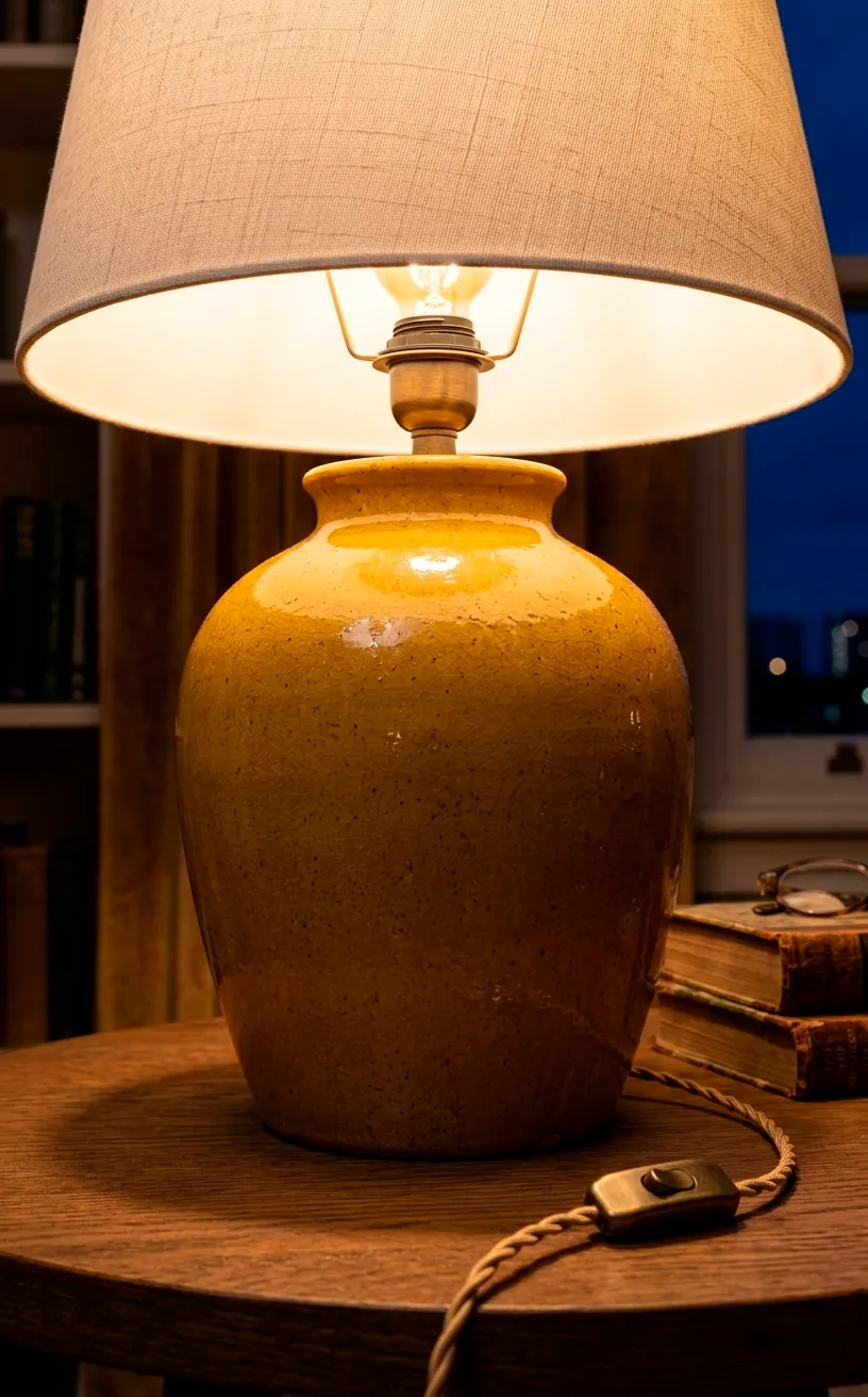 Lit mustard yellow table lamp showing the warm glow and ceramic texture at night.
