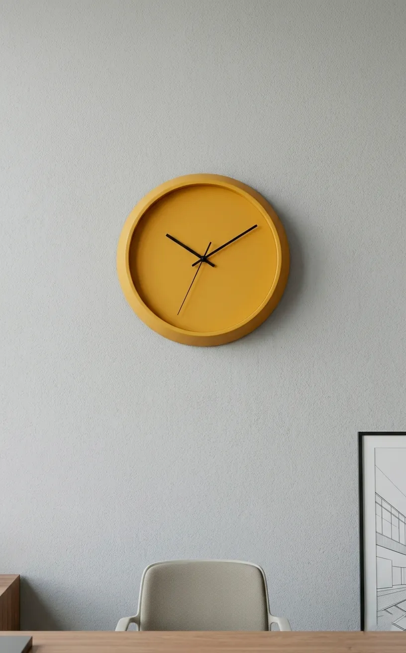 Minimalist mustard yellow wall clock with black hands on a gray wall.