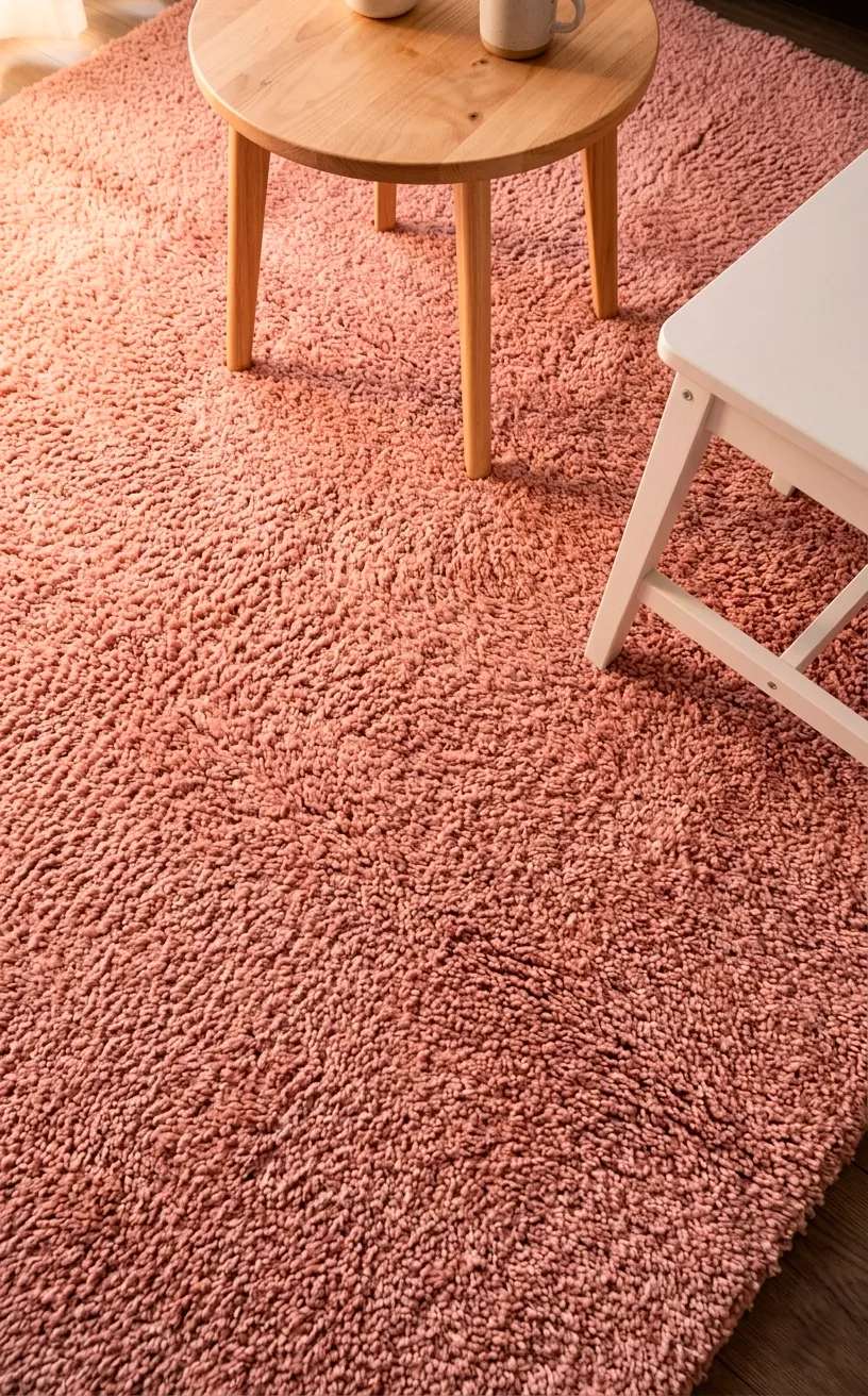High-pile rosewater pink area rug in a cozy reading space with a wooden table.