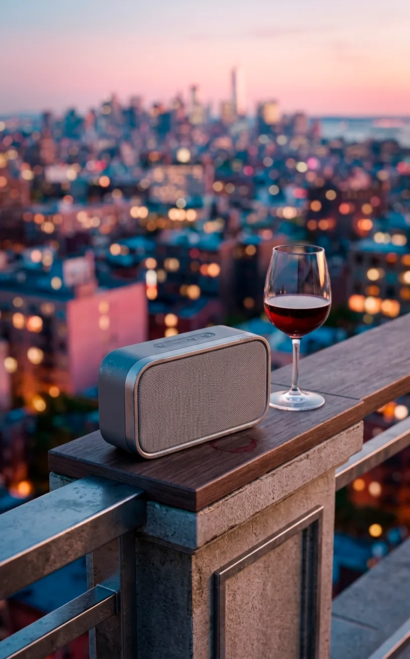 A sleek grey portable Bluetooth speaker on a balcony railing during a romantic evening.