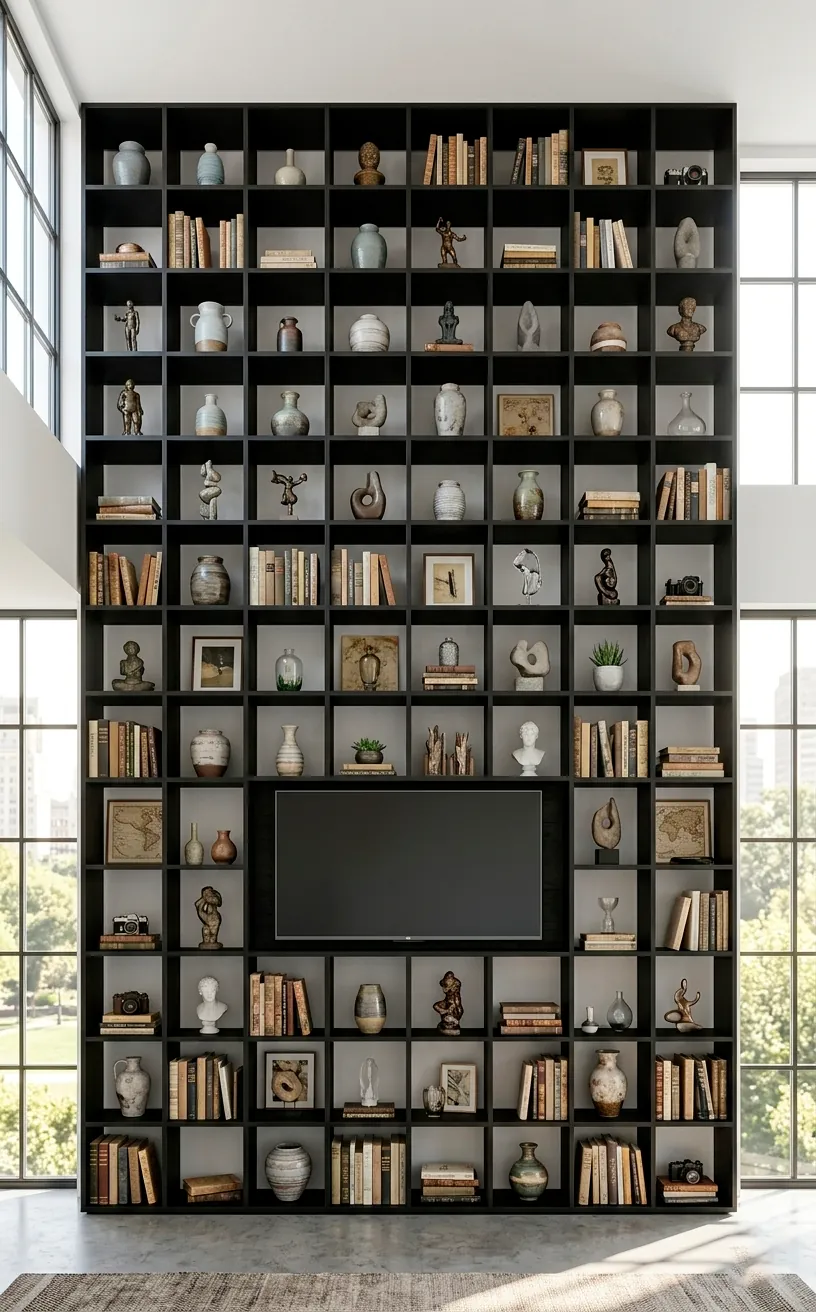 Matte black grid shelving unit with open cubbies and integrated TV.