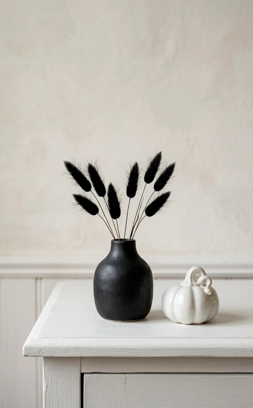 Close up of dried black bunny tail grass in a small black vase on a white sideboard