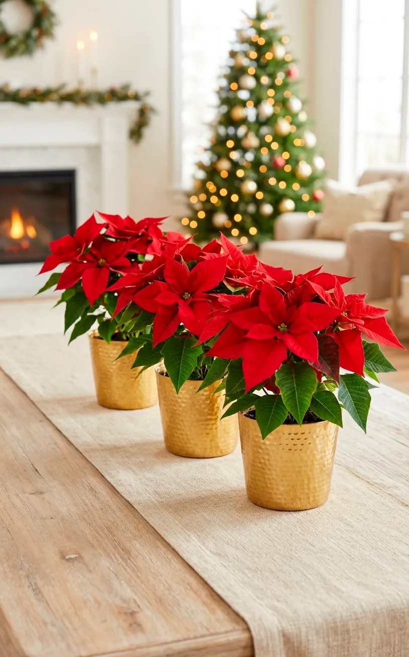 Three red poinsettias in hammered gold pots on a table runner.