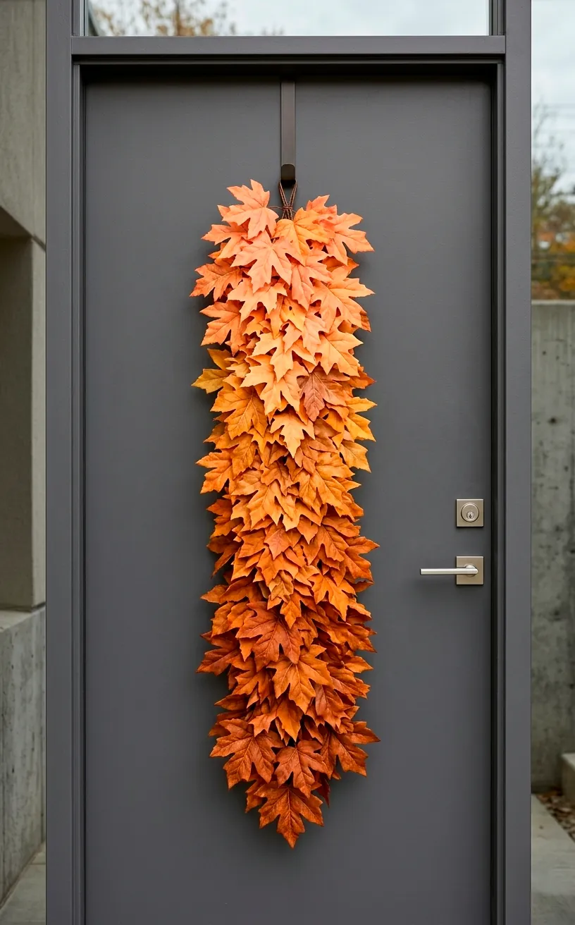 Orange ombre autumn leaf swag hanging on a front door.