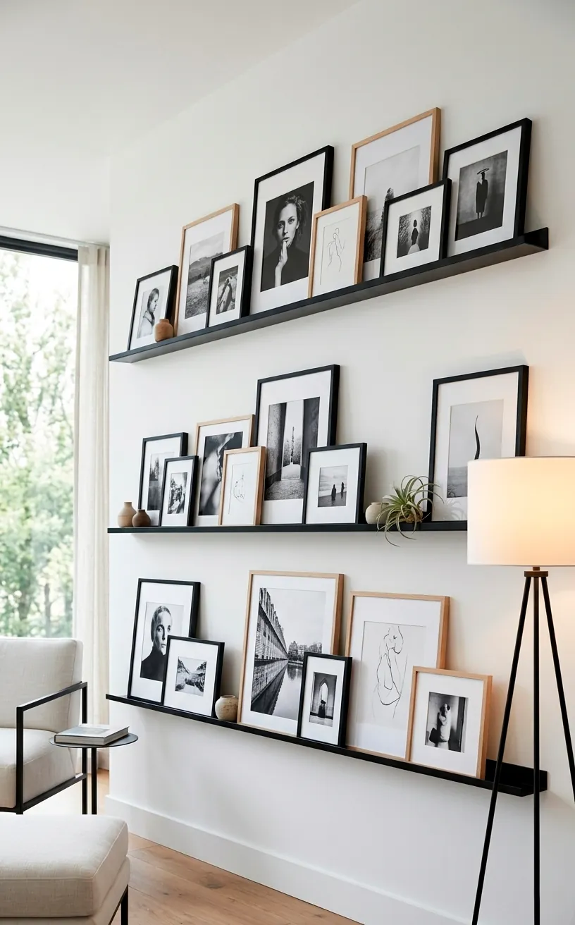 Black steel picture ledges on a white wall displaying various artwork.
