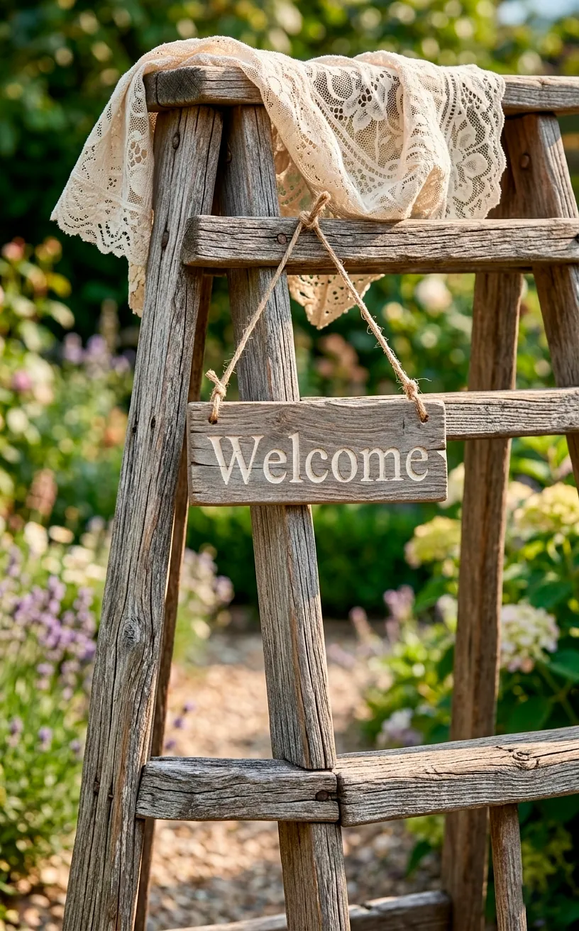 Close-up of a vintage ladder with lace and a welcome sign at a wedding.