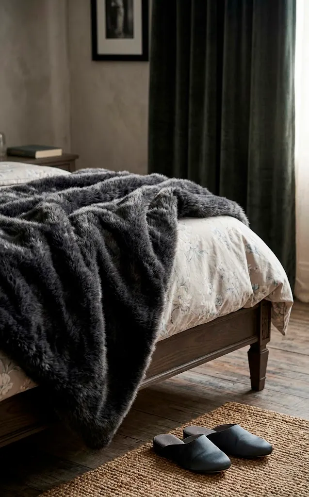 Faux fur throw layered over a faint floral print duvet on a bed.